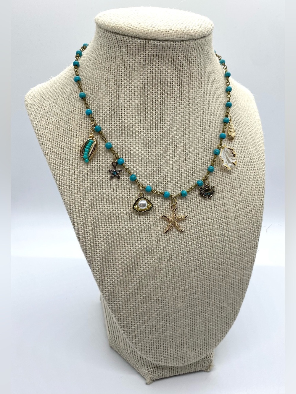 Blue Gold Beaded Necklace Beach Charms Boho Y2K Summer Preppy Eclectic Festival - Picture 14 of 15